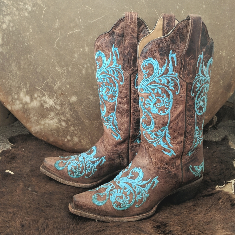 CORRAL R1193 Brown & Turquoise "Dahlia" floral cowgirl boots snip toe sz 6.5 EUC